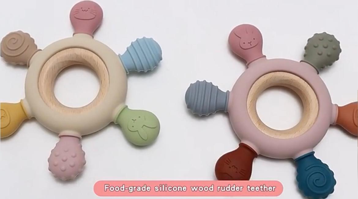 baby teether oral sensory wood silicone ring toys bpa free